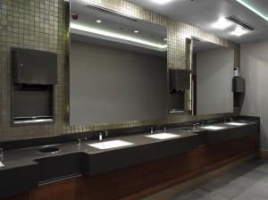 public restroom with large mirrors