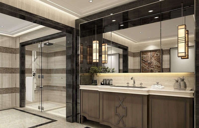 Bathroom-with-large-vanity-mirror Bathroom with a large mirror and glass shower case